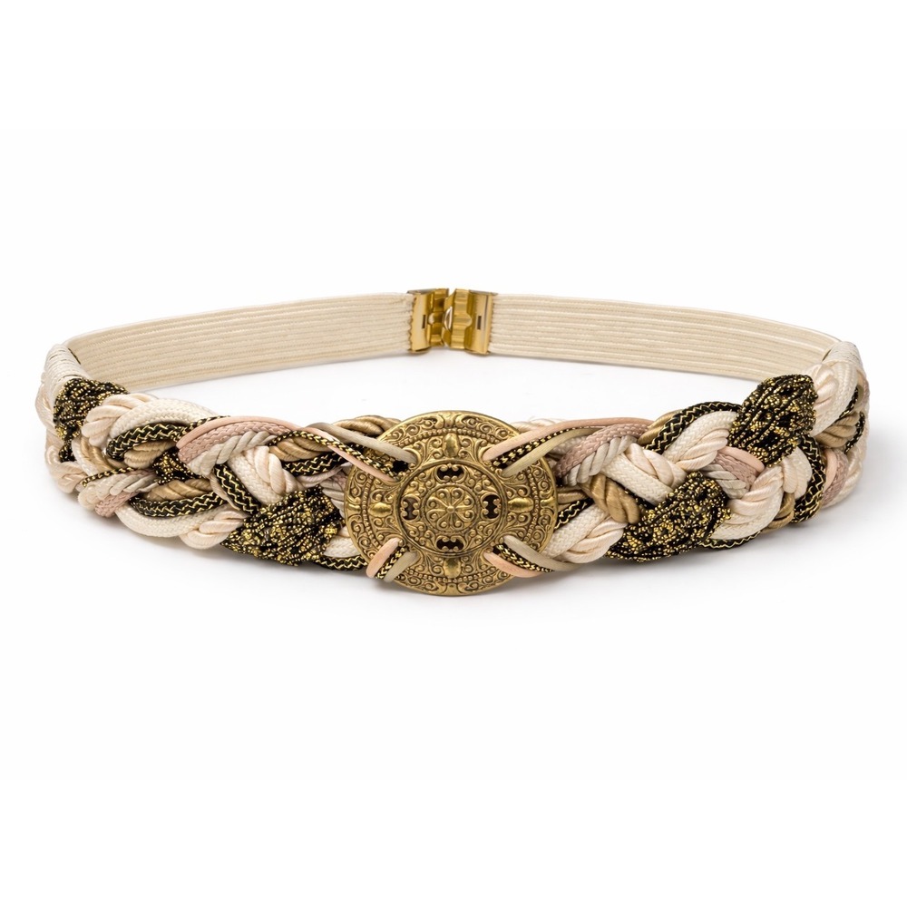 Vintage Braided Rope Statement Belt Gold Medallion Elastic Boho Waist Belt‎